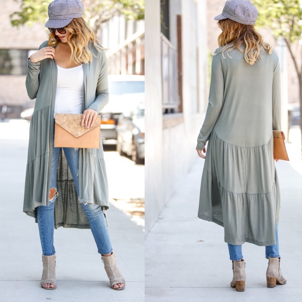 CLARA Long Sleeve Pop of Color Cardigan - SAGE - Picture 2 of 7